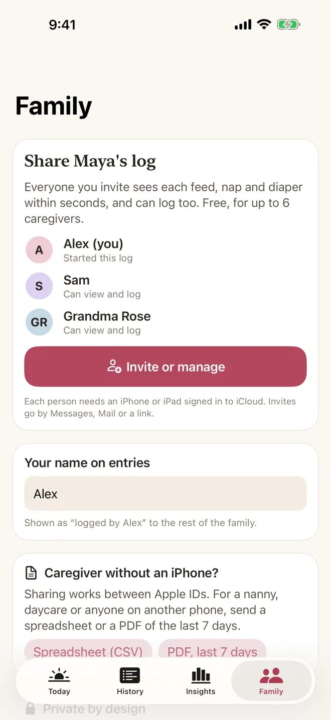 Family: Alex, Sam and Grandma Rose share Maya’s log, with an Invite or manage button.